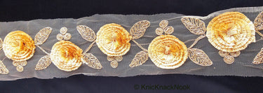 Beige Net Lace Trim With Blue / Beige / Red Thread Flowers and Gold Leaves Embroidery, Approx. 95mm wide